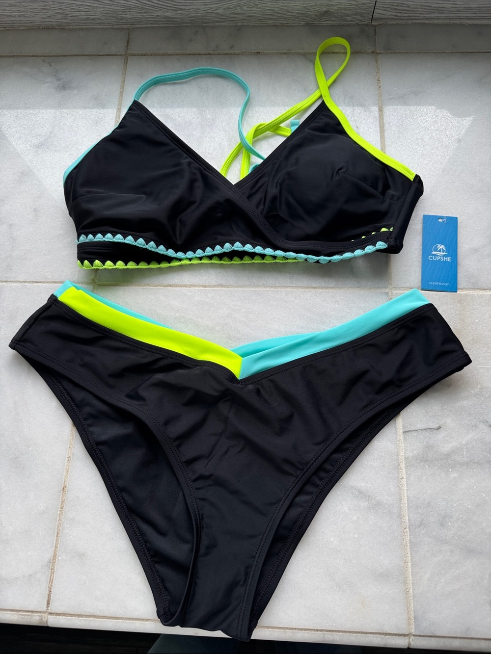 Cupshe Black Bikini with Neon Yellow & Aqua Trim